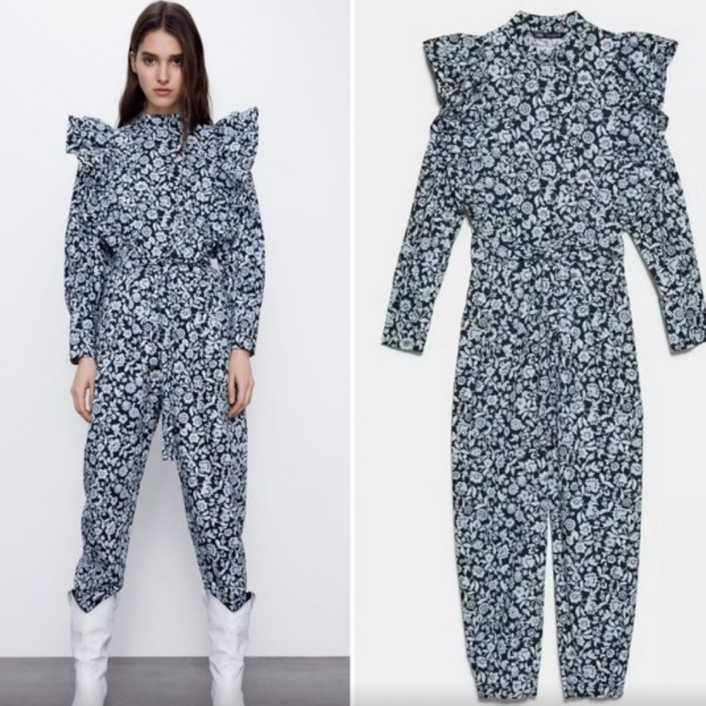 Zara Poplin Blue and White Floral Printed High Neck Jumpsuit